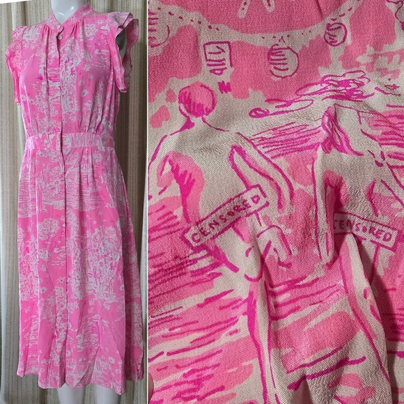 Lilly Pulitzer silk Palm Springs beach nudes swimmers story print dress - Picture 2 of 16